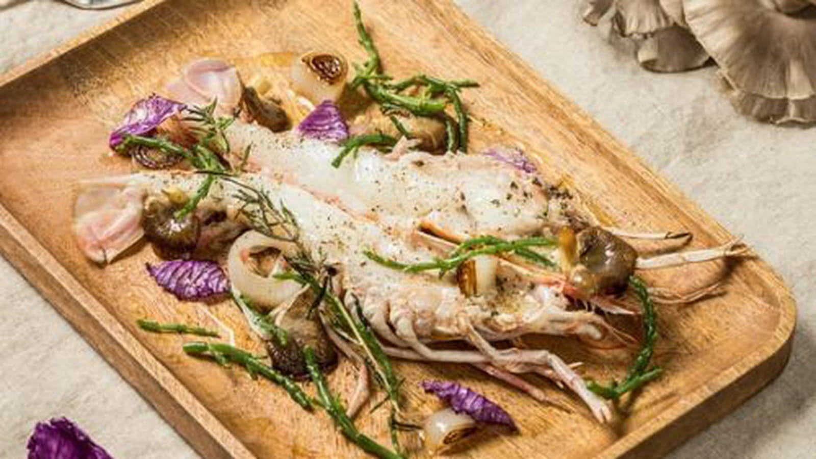 Langoustines forestières, salicorne et chou rouge