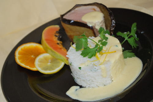 Mignon de porc aux aubergines, sauce aux agrumes