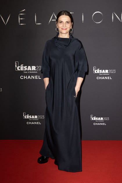 Juliette Binoche en robe fluide marine à manches ballons Armani