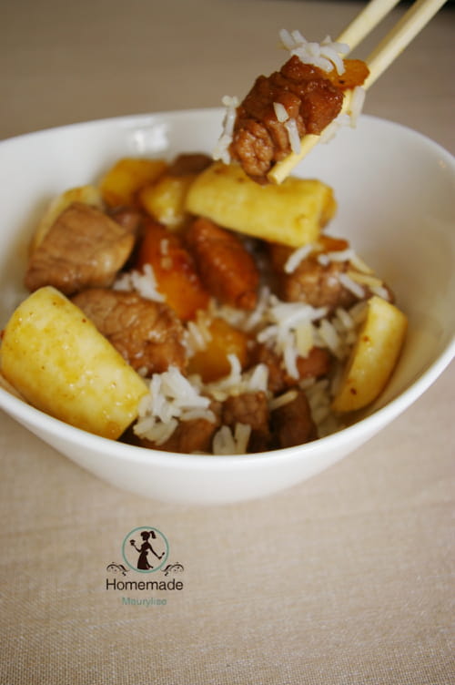 Filet mignon de porc au miel pommes et bananes