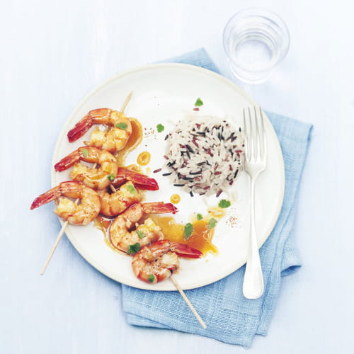 Brochette de gambas au vinaigre de fruits de la passion