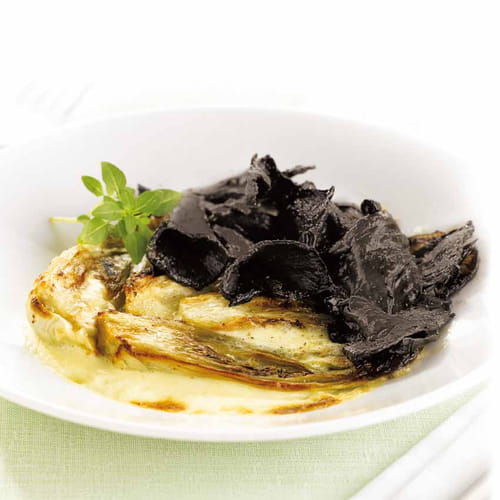 Gratin de chicons caramélisés aux trompettes et Comté