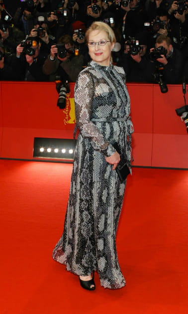 Meryl Streep en robe longue à imprimé serpent Prada