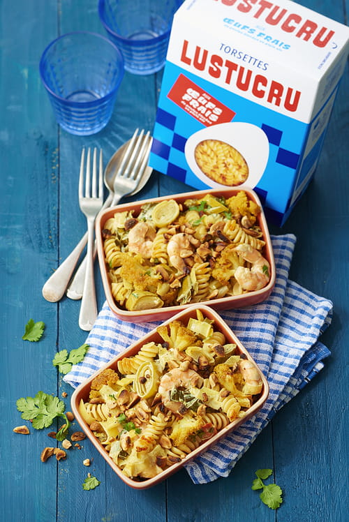 Gratin de fusilli aux crevettes à l’indienne
