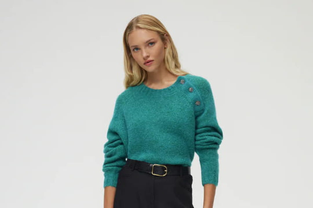 Pull Bleu Foncé Femme One*Step Up Taille L - Faux Col Boutonné, Manches Raglan
