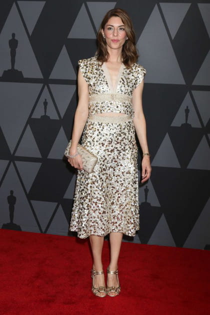 Sofia Coppola en robe dorée brodée de sequins