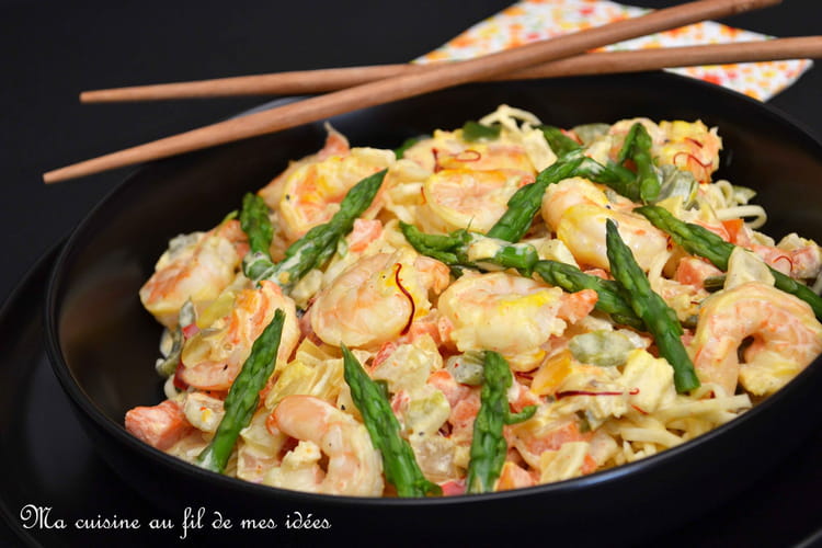 Recette de Nouilles chinoises aux crevettes, petits légumes et asperges