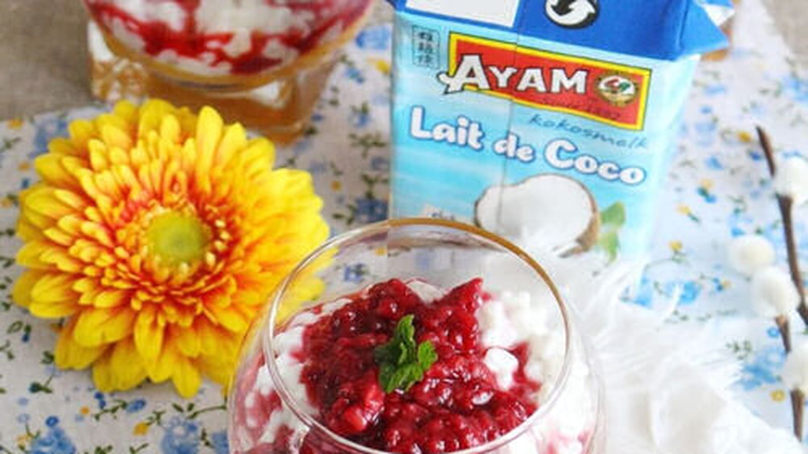 Riz au lait de coco, purée de mangue et brisures de framboises
