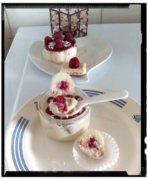 Panna cotta chocolat blanc framboise et sa boule coco façon raffaello à la framboise