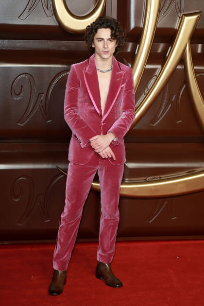 Timothée Chalamet en costume en velours rose