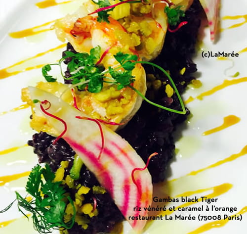 Gambas black Tiger riz vénéré et caramel à l’orange