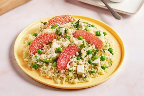 Salade de boulghour au pamplemousse de Floride, petit pois et feta