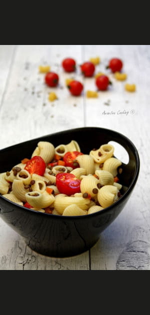 Salade de p&acirc;tes aux lentilles, carotte et tomate