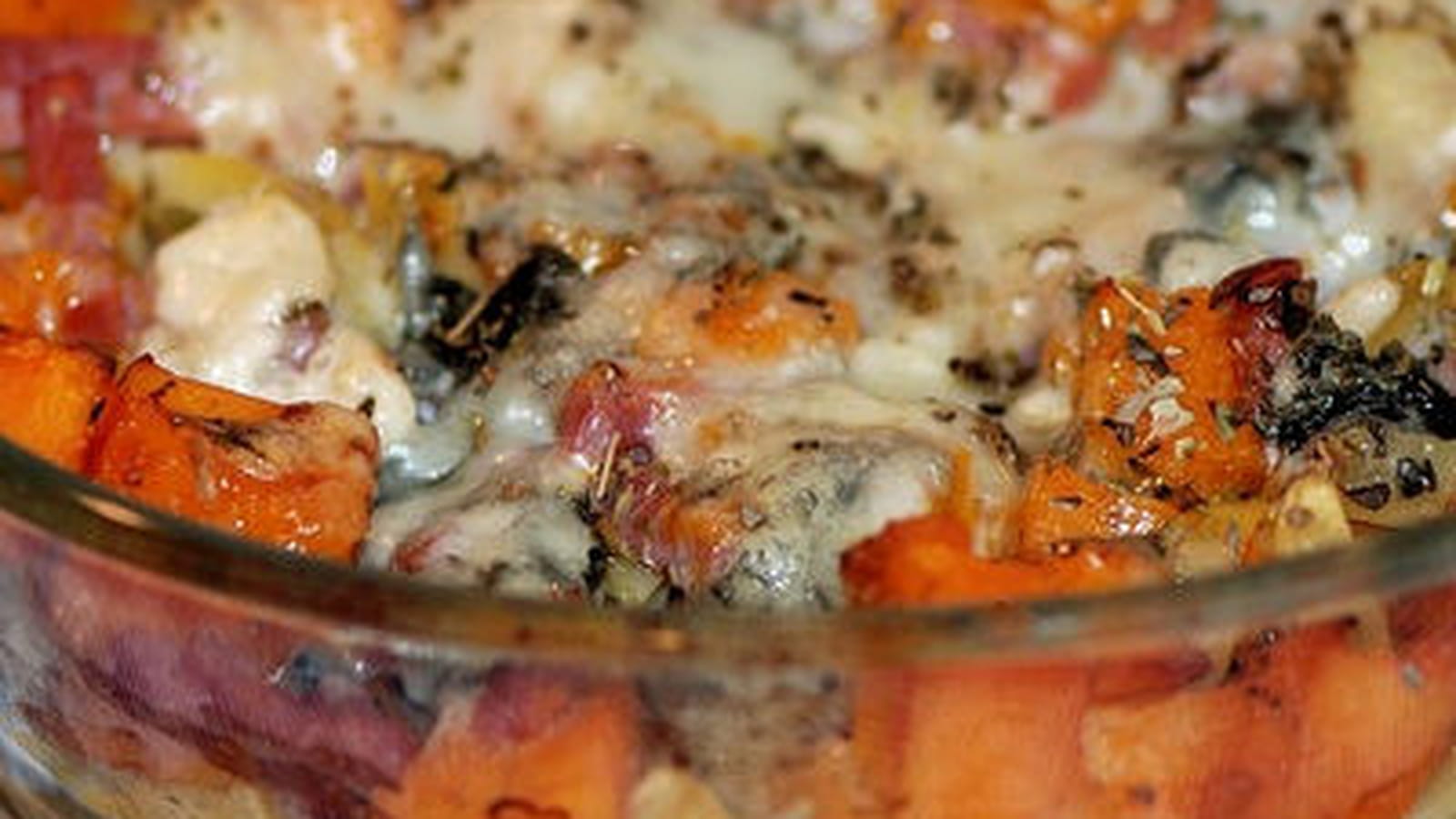 Gratin de tagliatelles potimarron bacon roquefort