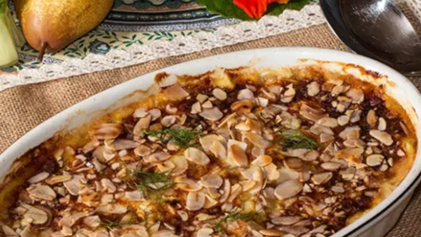 Gratin de fenouil et poires, gorgonzola et amandes