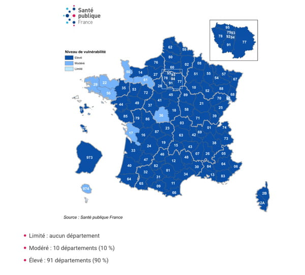 Niveau de vulnérabilité par département et évolution, France, au 8 octobre 2020