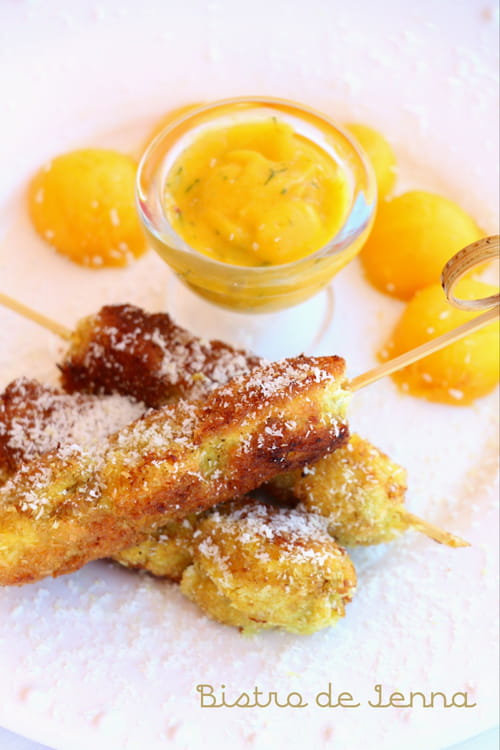 Brochettes de poulet pané à la noix de coco