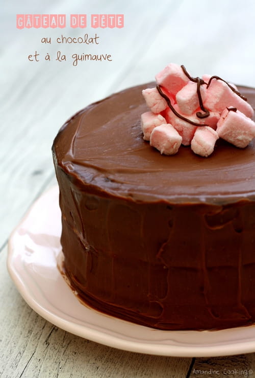 Gâteau de fête au chocolat et guimauve à la fraise