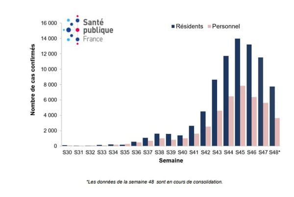 Nombre de cas confirmés de COVID-19 chez les résidents et le personnel en ESMS par semaine calendaire, du 20 juillet au 29 novembre 2020, en France