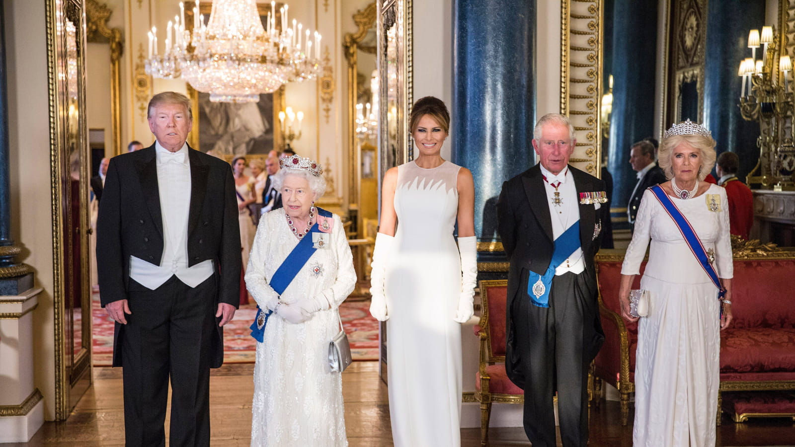 Donald Trump, Elizabeth II, Melania Trump, Prince Charles et Camilla Bowles