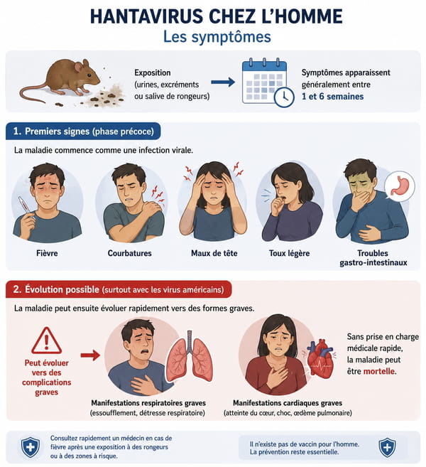 Infographie montrant les symptômes de l'hantavirus chez l'homme