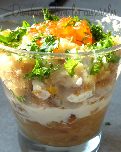 Mousse parmentière au haddock, crème aux herbes et oeufs de saumon