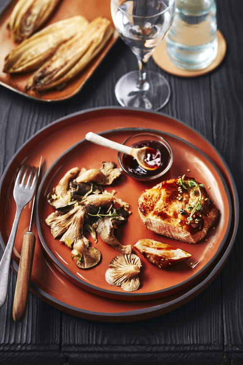 Pavés de veau sauce teriyaki, pleurotes et endives braisées