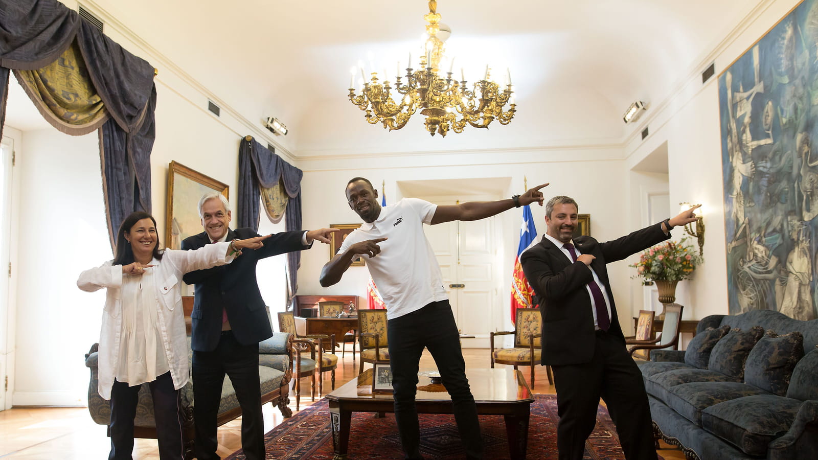 Usain Bolt, Sebastian Pinera, Pauline Kantor et le sous-secrétaire aux sports Andres Otero