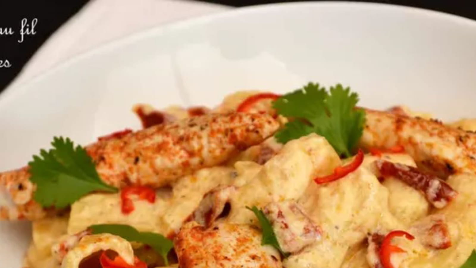 Pâtes rigatoni et poulet au fromage, tomates séchées et piment