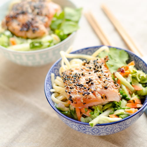 Saumon mi-cuit au sésame, salade asiatique, et nouilles tamarin-cacahuètes