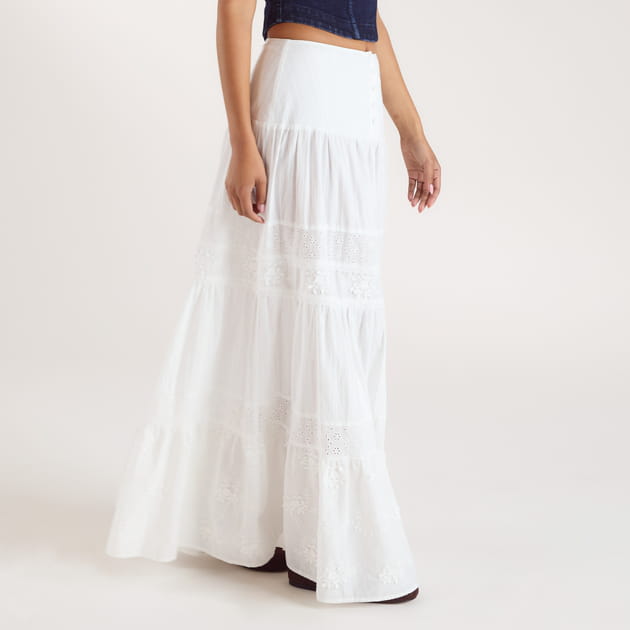 WHITE TIERED MAXI SKIRT