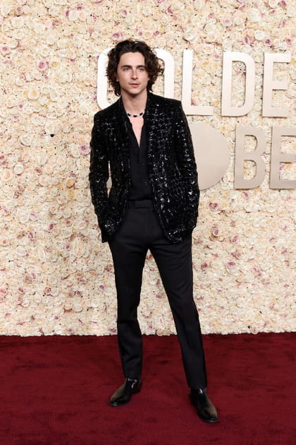 Timoth&eacute;e Chalamet en pantalon noir et veste brod&eacute;e de sequins Celine