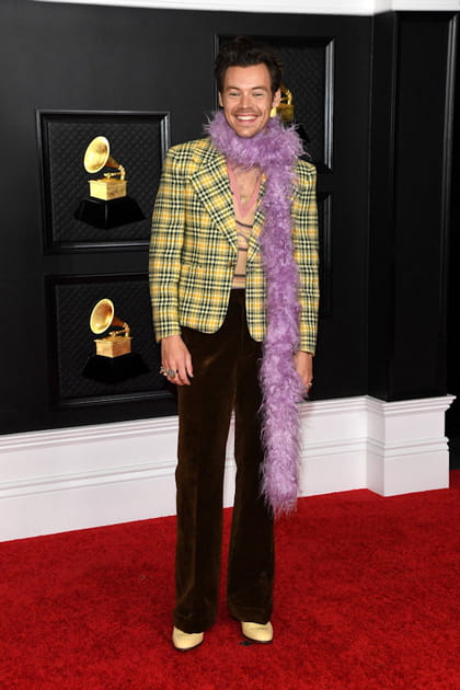 Harry Styles en veste tartan et boa violet Gucci