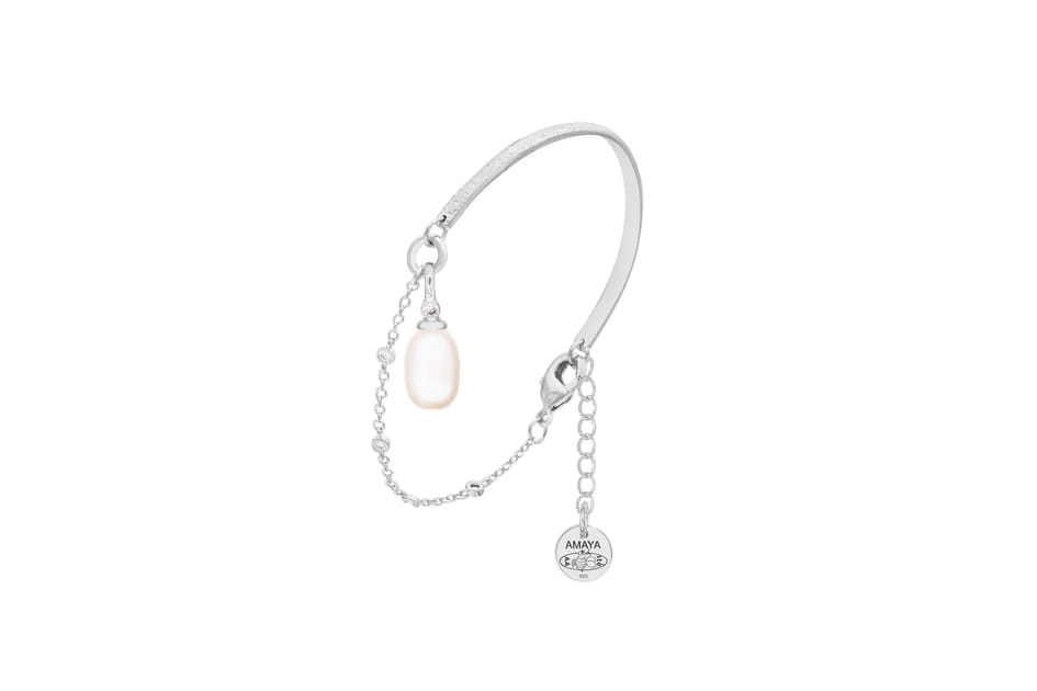 Bracelet demi jonc cha&icirc;nette pendentif perle d'eau douce Argent 925, L'Atelier d'Amaya