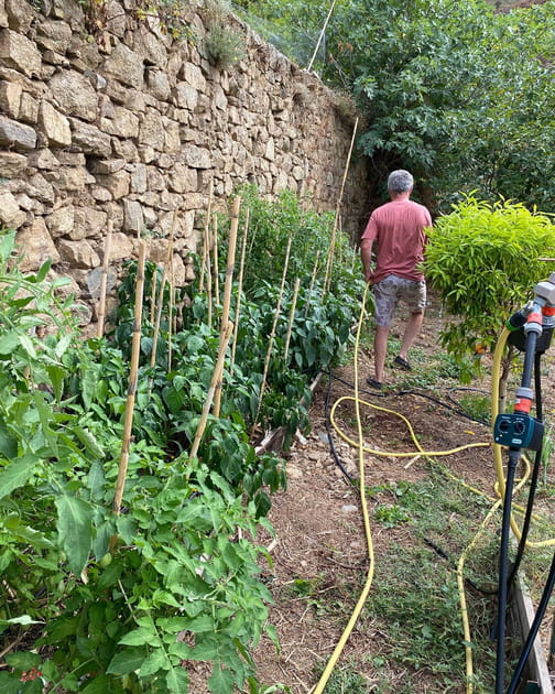 Son mari Stéphane aide au jardin