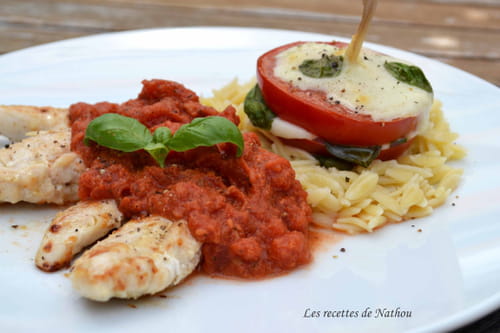 Aiguillettes de poulet sauce tomate-mozzarella