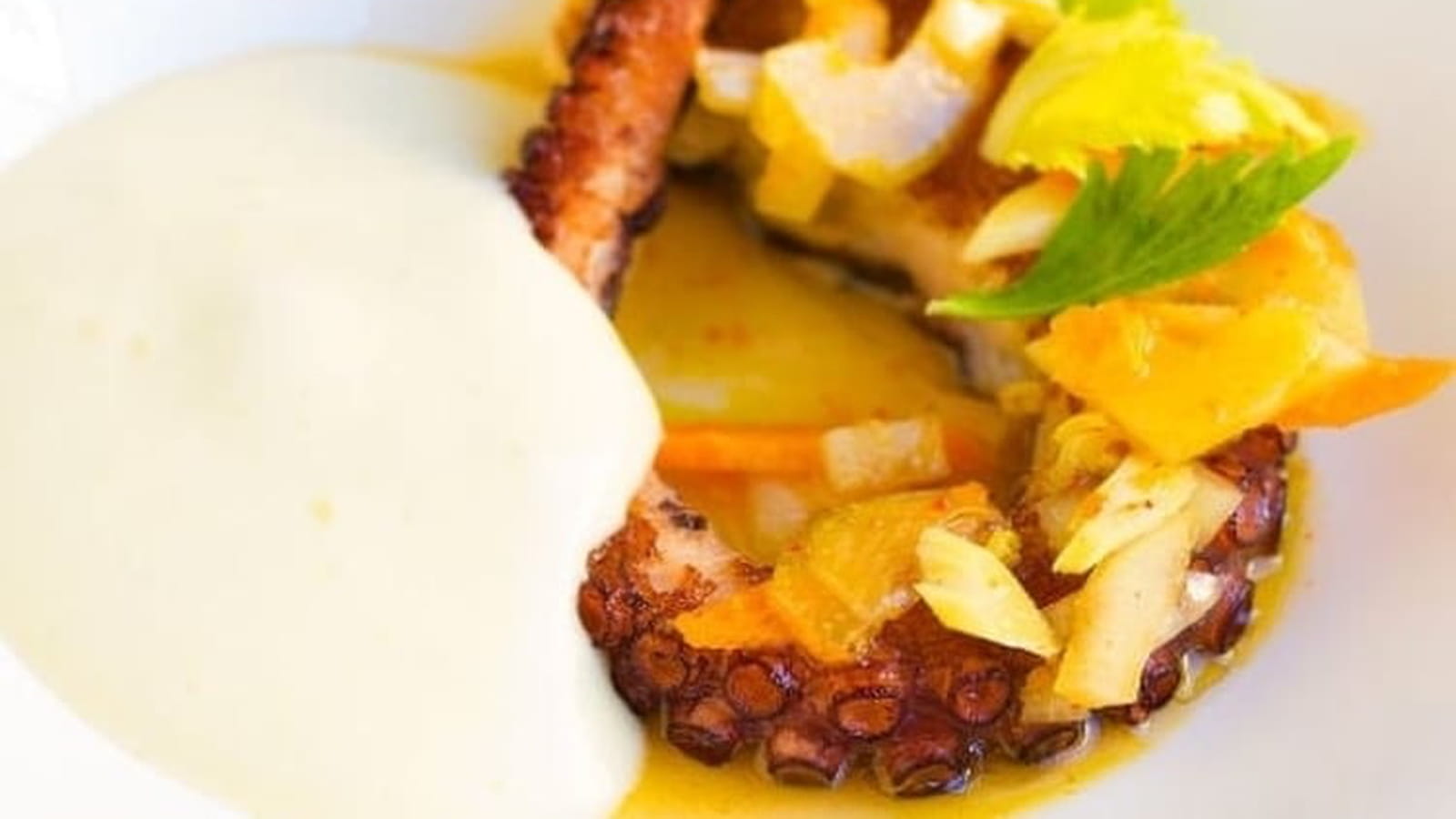 Poulpe de Méditerranée rôti, Espuma de pomme de terre, Légumes en escabèche
