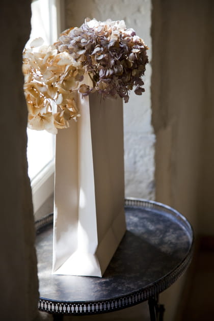 Duo d'hortensias s&eacute;ch&eacute;s au creux d'un sac en papier, la bonne id&eacute;e