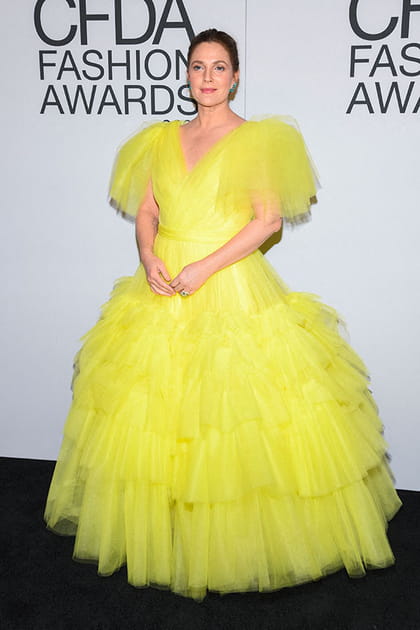 Drew Barrymore en robe longue jaune poussin Christian Siriano