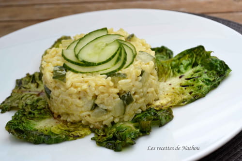 Risotto aux courgettes et au curry, sucrines braisées au balsamique